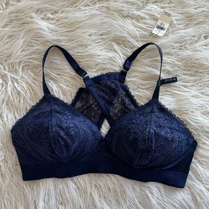 Aerie Real Power Wireless Push Up Paisley Lace Bra Navy Blue Size 36D